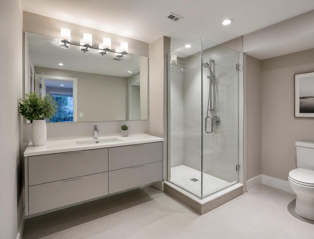 Modern basement bathroom with floating vanity, large mirror and walk-in glass shower