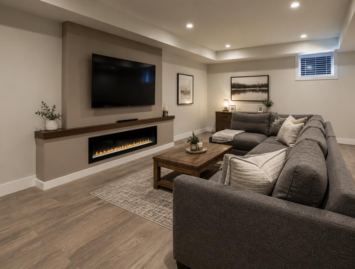 Finished basement entertainment room with wall-mounted TV, inset electric fireplace and sectional sofa in a Durham Region home